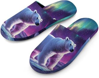 Generic Bear in Northern Lights Mens Slippers Flannel Warm House Shoes with Rubber Anti-Slip Sole Slip On for Home Outdoor