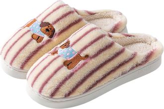 Generic Cute House Slippers Women Stripe Fuzzy Memory Foam Slippers Ladies Slip on Sole Bedroom Cloud Shoes Indoor Outdoor Anti-Skid Shoes with Fleece Lined (