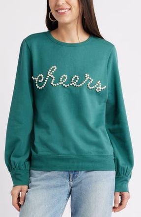 Caslon Gretchen Imitation Pearl Embellished Balloon Sleeve Sweatshirt in Green Jasper Embellishment at Nordstrom Rack, Size Xx-Large