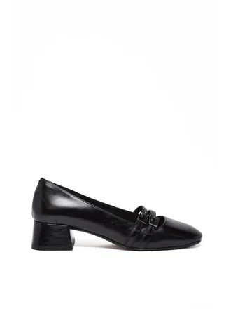 Carmens Black Leather Block Heel Pointed Toe Pumps