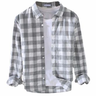 Generic Mens Long Sleeve Casual Plaid Flannel Shirt Checked Tartan Button Down Shirts for Men Casual Regular Fit Button Up Flannel Checked Plaid Shirts Grey