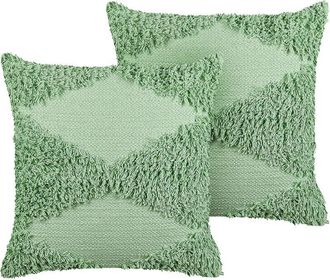 Beliani Conjunto De 2 Cojines De Algod&oacute;n Verde Claro 45 X 45 Cm Geom&eacute;trico Accesorio Rhoeo