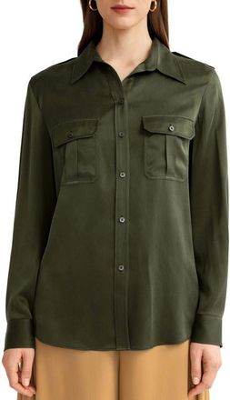 LilySilk Sandwashed Silk Shirt With Epaulettes in Safari Green at Nordstrom, Size Small