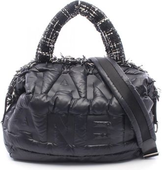 Chanel Black White Nylon Fabric Leather Handbag Tote Bag (Pre-Owned)