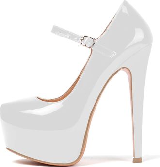 EDEFS Womens Platform High Heel Mary Jane Shoes Closed Toe Stiletto Pumps Party Dress Shoes White EU44