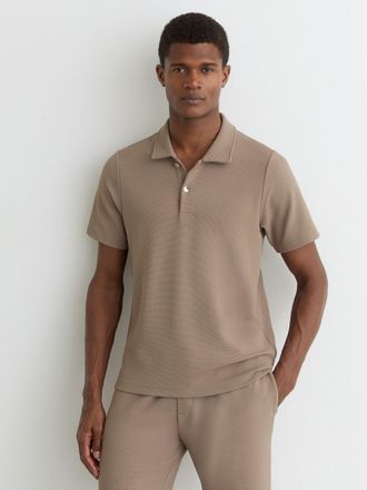 Reiss Camel Brown Textured Half-button Polo Shirt, Xxl