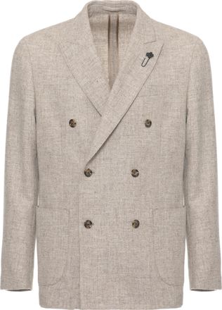 Lardini Beige Wool Double-Breasted Blazer with Iconic Peak Lapel Pin