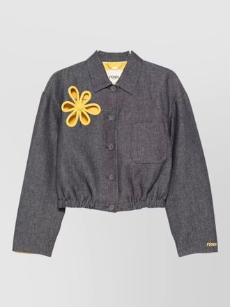 Fendi denim jacket floral applique elasticated hem pocket
