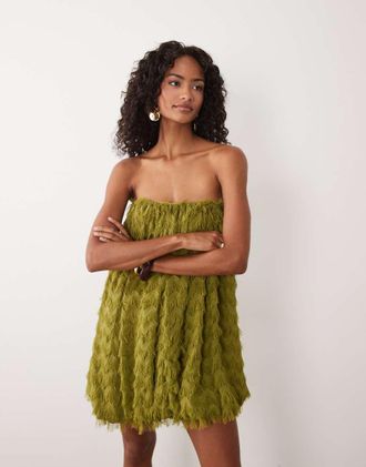 Asos Vestito corto verde oliva testurizzato con scollo a cuore e fondo a palloncino-Multi