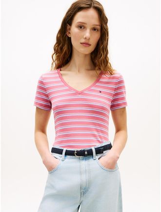Tommy Hilfiger Womens Stripe V-Neck Favorite T-Shirt - Red - XXL