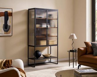 Castlery Panes Fluted Glass Tall Cabinet, Gunmetal Frame, Tempered Glass for Black