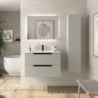 Cygnus Bath Mueble De Ba&ntilde;o Leni 80cm Gris Mate 2 Cajones Lavabo 1 Poza Porcelana
