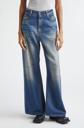 Acne Studios Distressed and Dirtied Regular Fit Wide Leg Jeans in Mid Blue at Nordstrom, Size 26 30