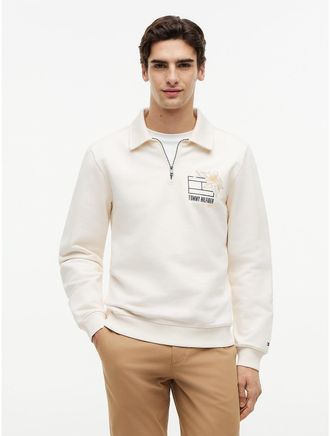 Tommy Hilfiger Mens Floral Logo Quarter-Zip Polo Sweatshirt - White - XL