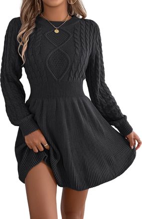 Generic Womens Solid Color Dress Round Neck Long Sleeve Cable Knit Sweater Dress A Line Casual Fashion Dresses Black XL