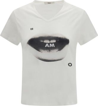 Fendi Ivory Graphic V Neck T-Shirt