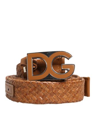 Dolce & Gabbana Brown Braided Metal DG Logo Buckle Mens Belt