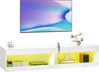 OEM Mueble De Tv Suspendido Con Luces Led Con Control Remoto Compartimentos Orificios Pasacables 140x40x30 Cm Blanco Brillo