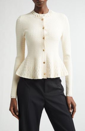 Jason Wu Cable Stitch Peplum Cardigan in Plaster at Nordstrom, Size X-Large