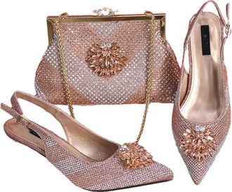 Generic Womens Luxury Rhinestone Flowers Pointed Toe Stiletto High Heel Shoes and Gold Long Chain Shoulder Strap Bags