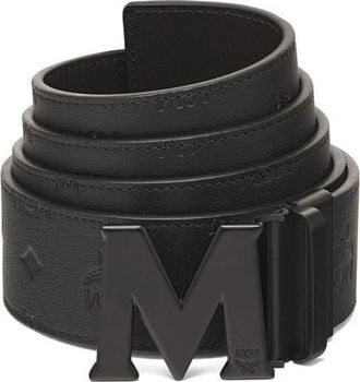 MCM Claus M Reversible Belt 1.75 in Embossed Monogram Leather in Black /Matte Black at Nordstrom
