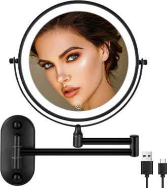 OEM Espejo Cosm&eacute;tico De Pared 1x/10x, Iluminaci&oacute;n Led Regulable, 3 Colores, Negro