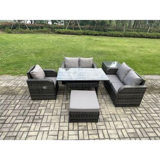 Fimous Lounge Rattan Sofa Set Outdoor Garden Furniture Oblong Rectangular Dining Table With Chairs Big Footstool Side Table Dark Grey Mixed - Fimous
