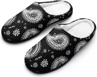 Generic Paisley Black And White Mens Slippers Slip On Comfortable Fleece Cotton House Shoes Winter