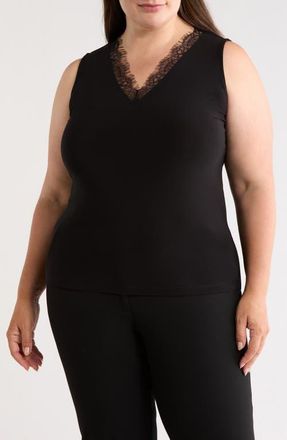 Anne Klein Lace Trim V-Neck Tank in Anne Black at Nordstrom, Size 1X