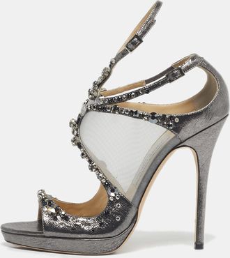 Jimmy Choo London Silver Leather And Mesh Crystal Embellished Viola Sandals