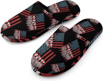 Generic Vintage U.S.A Flag Bowling Flannel Mens Slip-on Slippers Winter Warm House Shoes with Rubber Sole for Home Hotel