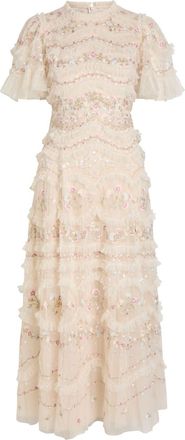 Needle & Thread Marina Ruffled Floral Embellished Tulle Gown - Cream - 18 (UK18 / Xxl)