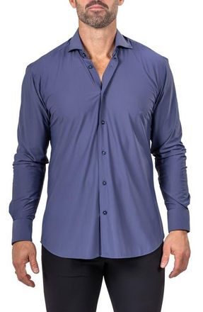 Maceoo Eins Shaped Fit Marthy3011 Blue Knit Button-Up Shirt at Nordstrom, Size 4