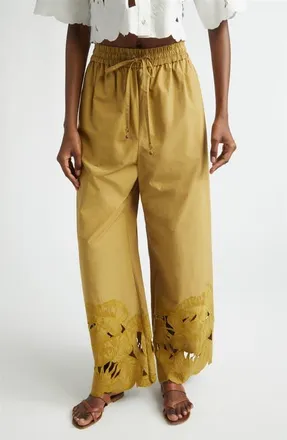 Zimmermann Mahon Embroidered Cutwork Cotton Wide Leg Ankle Pants in Moss at Nordstrom, Size 3