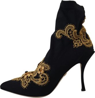 Dolce & Gabbana Womens Black Gold Embroidery Crystal Boots Shoes