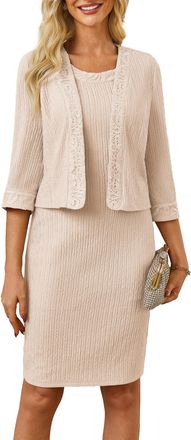 Grace Karin Midi Dresses for Wedding Guest Elegant Vintage Mother Dress Set Lace Jacket Modest Plus Size Cocktail Occasion Christmas Dress Apricot XXL