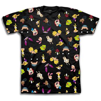 Nickelodeon Mens 90s Classic Shirt - Rugrats, Invader Zim, Ren & Stimpy, and Hey Arnold Vintage T-Shirt (Black Allover, Large)