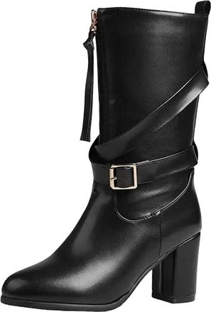 Generic Womens Vintage Western Mid Calf Boots Pointed Toe High Block Heel With Zipper Tassels And Belt Buckle Detail
