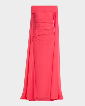 Talbot Runhof Ruched Off-The-Shoulder Mesh Cape Gown