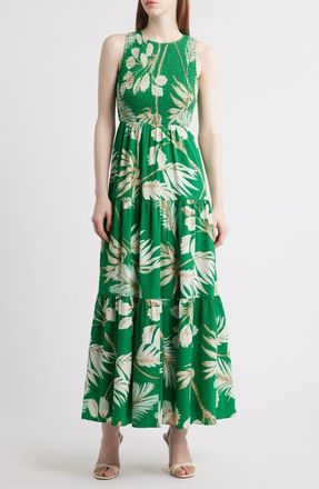 Anne Klein Sleeveless Smocked Bodice Tiered Maxi Dress in Tropical Green Multi at Nordstrom, Size X-Large