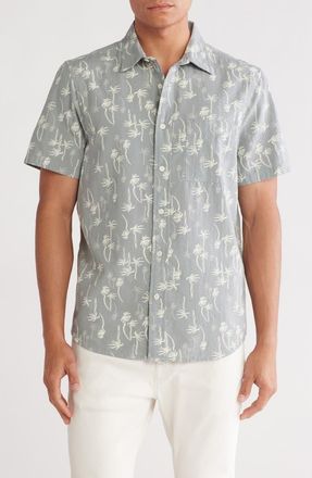 14th & Union Seersucker Short Sleeve Cotton Button-Up Shirt in Grey Blue Stacked Palms at Nordstrom Rack, Size Small