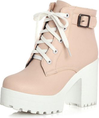 Generic Womens Platform Lace-Up Combat Ankle Boots Chunky Heel Gothic Punk Motorcycle Booties,Pink,1.5 UK