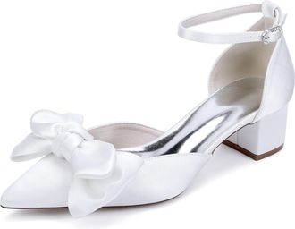 Generic Womens Low Block Heels Wedding Shoes Low Chunk Shoes Satin Bridal Pumps Prom Party Dress with Bow Pumps 4.5Cm,White,10 UK