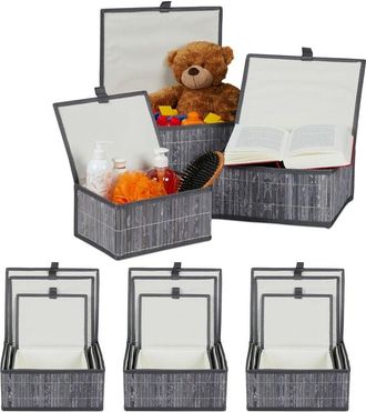 Relaxdays Relaxdays - Set de 12 cestas de almacenaje, Con tapa, Funda textil, Bambú, Decorativo, Color Gris