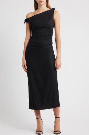 Wayf Clio Tie Shoulder Linen Blend Midi Dress in Black at Nordstrom, Size X-Small