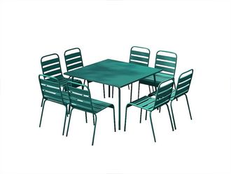 Vente-Unique Mesa de comedor de jard&iacute;n de metal - una mesa de 120 cm y 8 sillas apilables - Azul verdoso - MIRMANDE de MYLIA