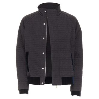 Giorgio Armani black fine grid quilted nylon velvet trim zip up jacket IT46 S