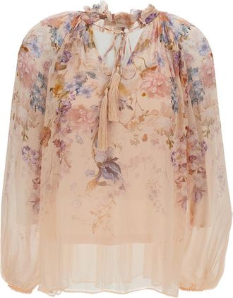Zimmermann Pink/Floral Floral Valiant Billow Silk Slip-Set Blouse