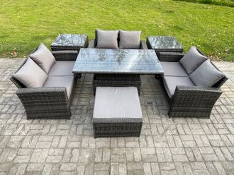 Fimous 7 pieces Outdoor Lounge Sofa Set Wicker PE Rattan Garden Furniture Set with Rising Lifting Table Double Seat Sofa in Dark Grey