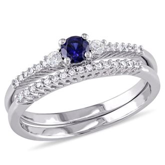Amour 1/10 CT TW Diamond, Created Blue and Created White Sapphire Bridal Set In Sterling Silver
